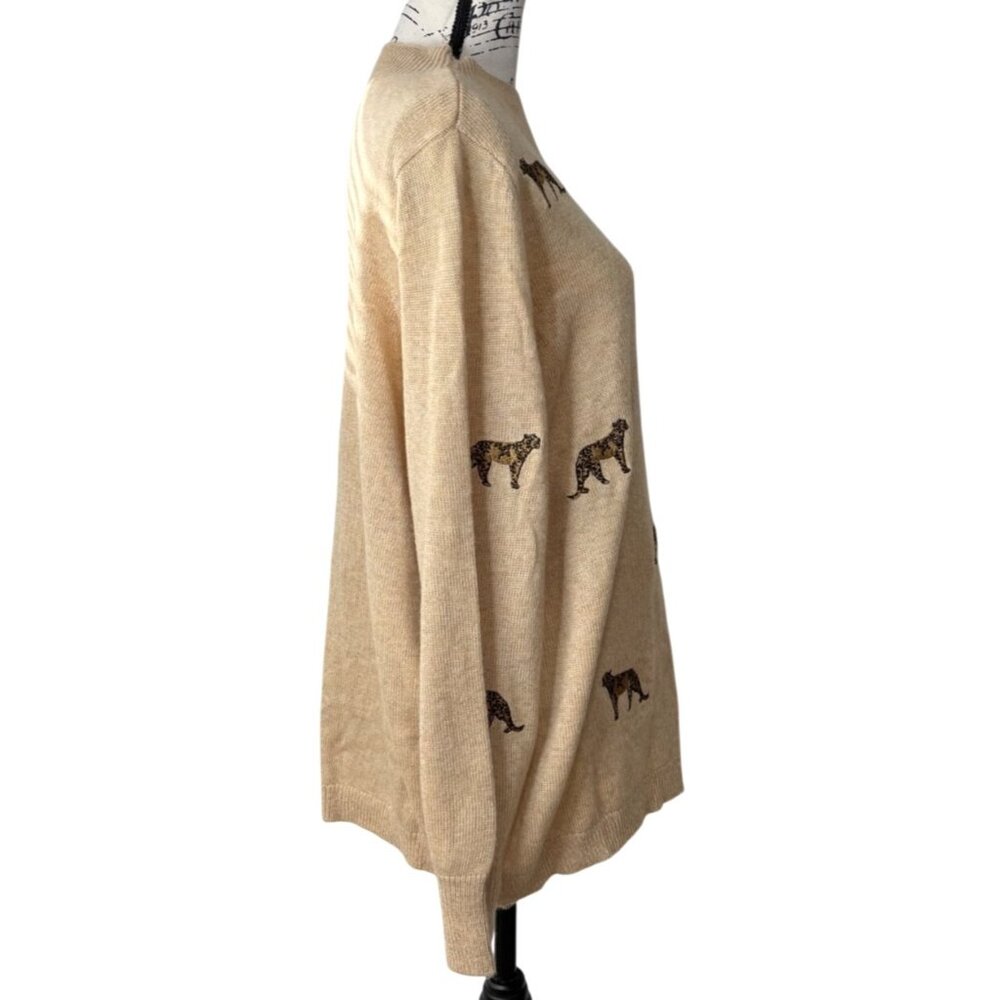 Chicos Pullover Sweater Embroidered Cheetah Long Sleeves Beige Womens XL NEW - Picture 3 of 9